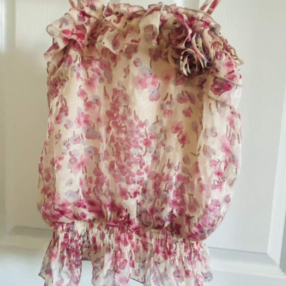 Annabelle Pink & Cream Romantic Floral Crop Top with Cinched Waist